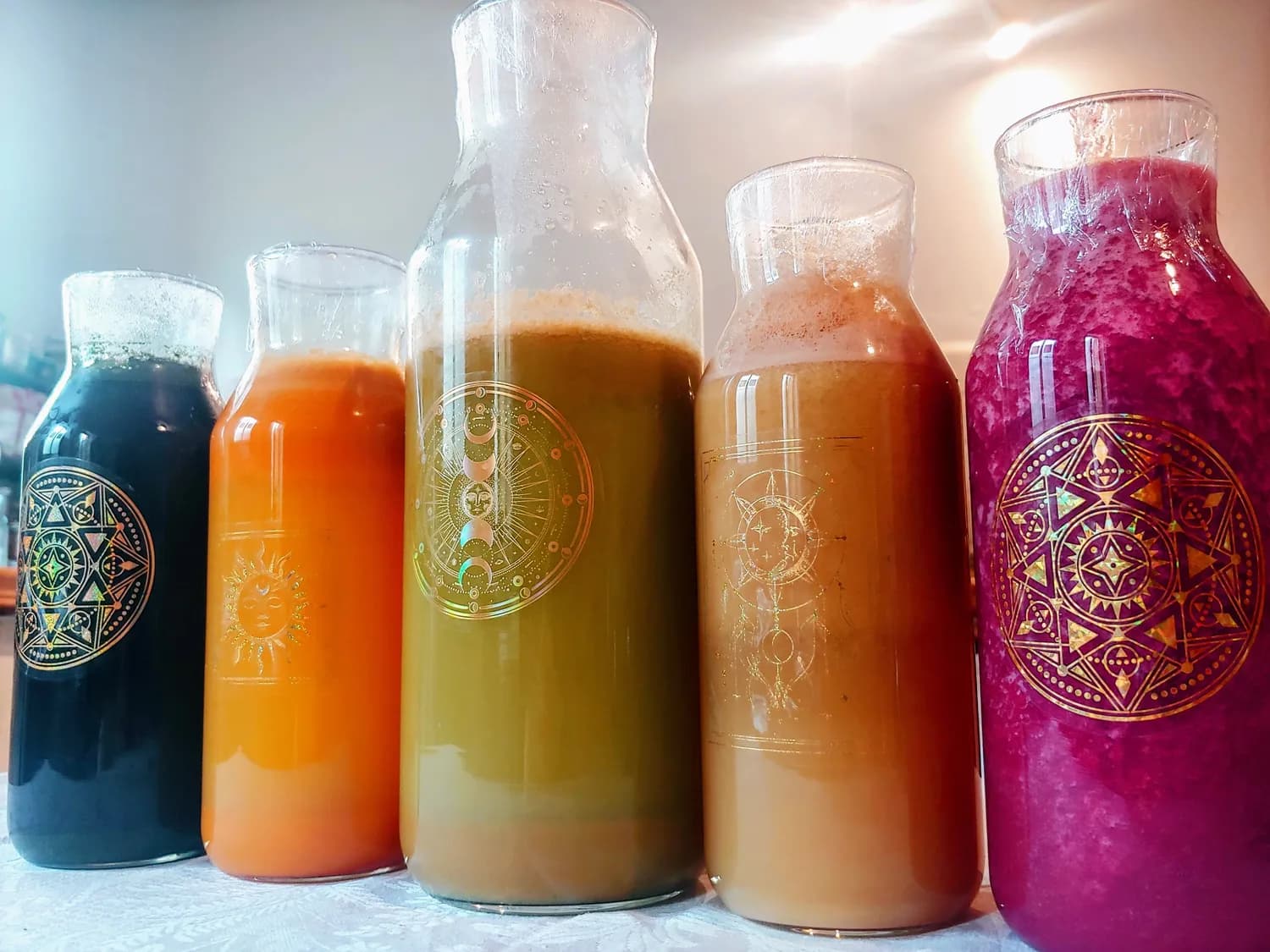 Rainbow of cold-pressed juices