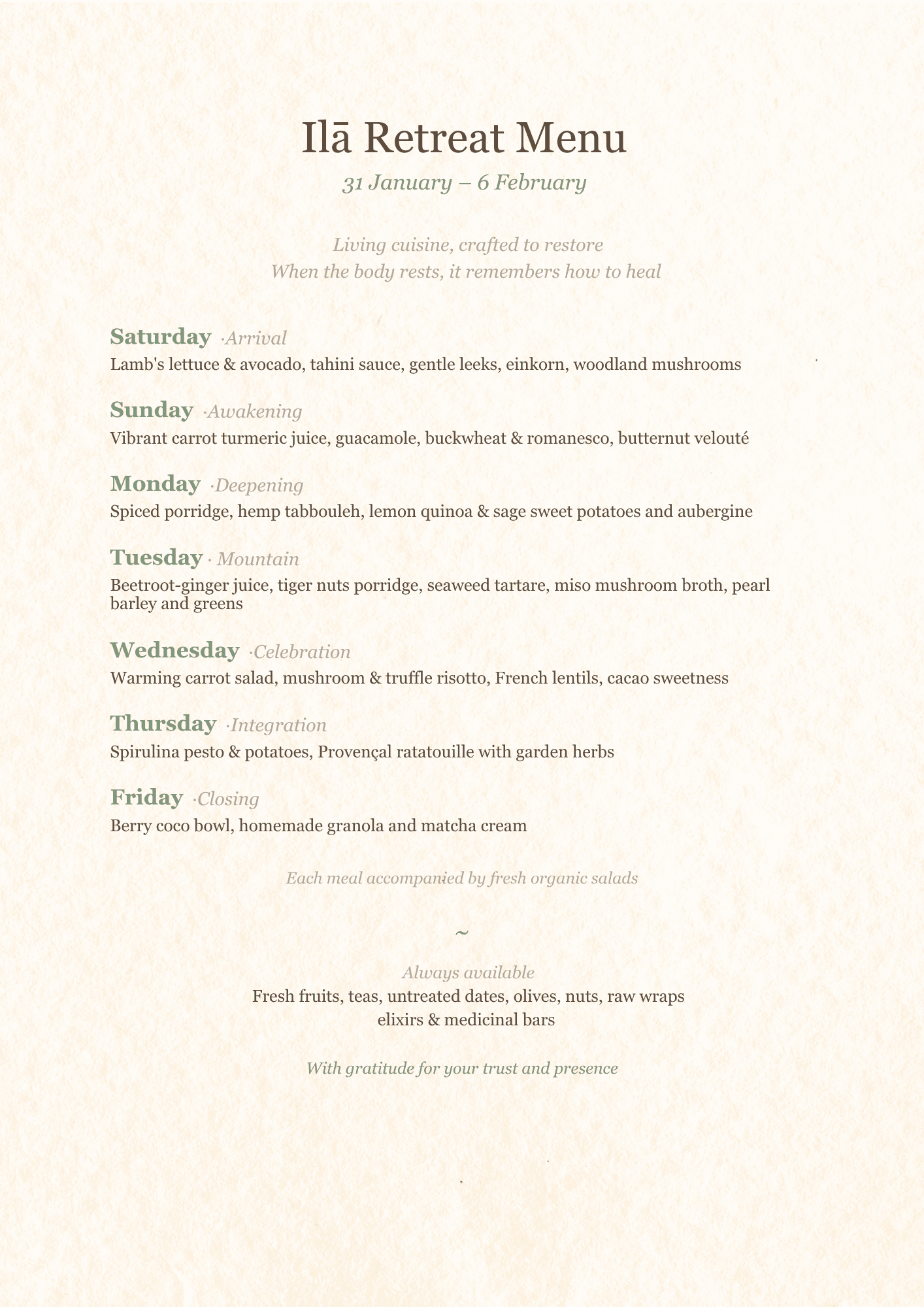Ilā Retreat menu — living cuisine by Virgile Health