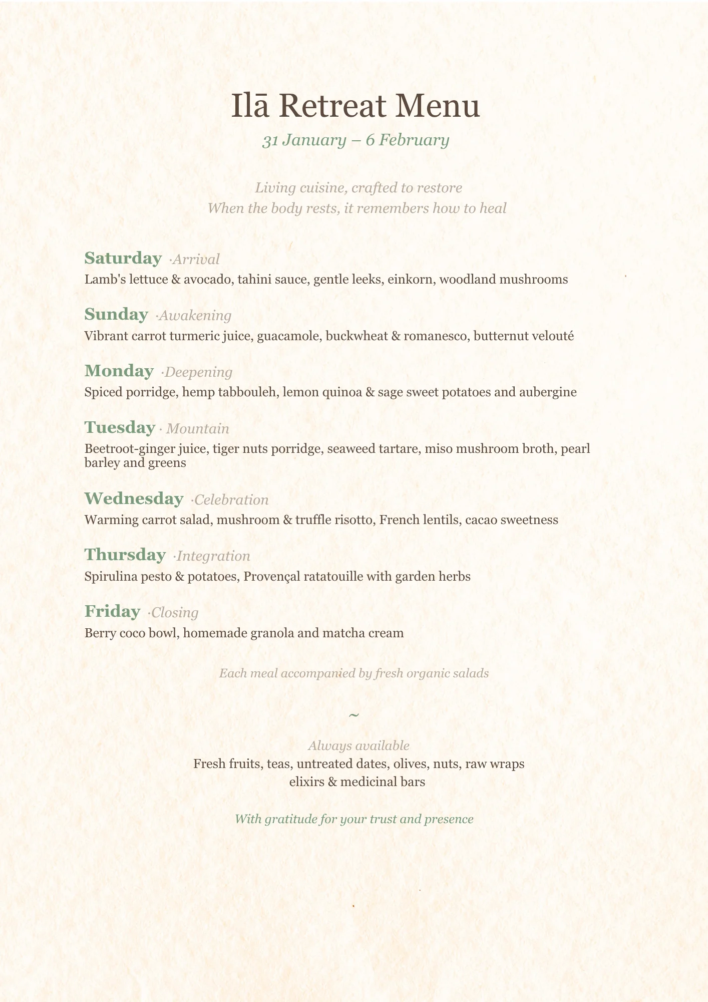 Ilā Retreat menu — living cuisine by Virgile Health